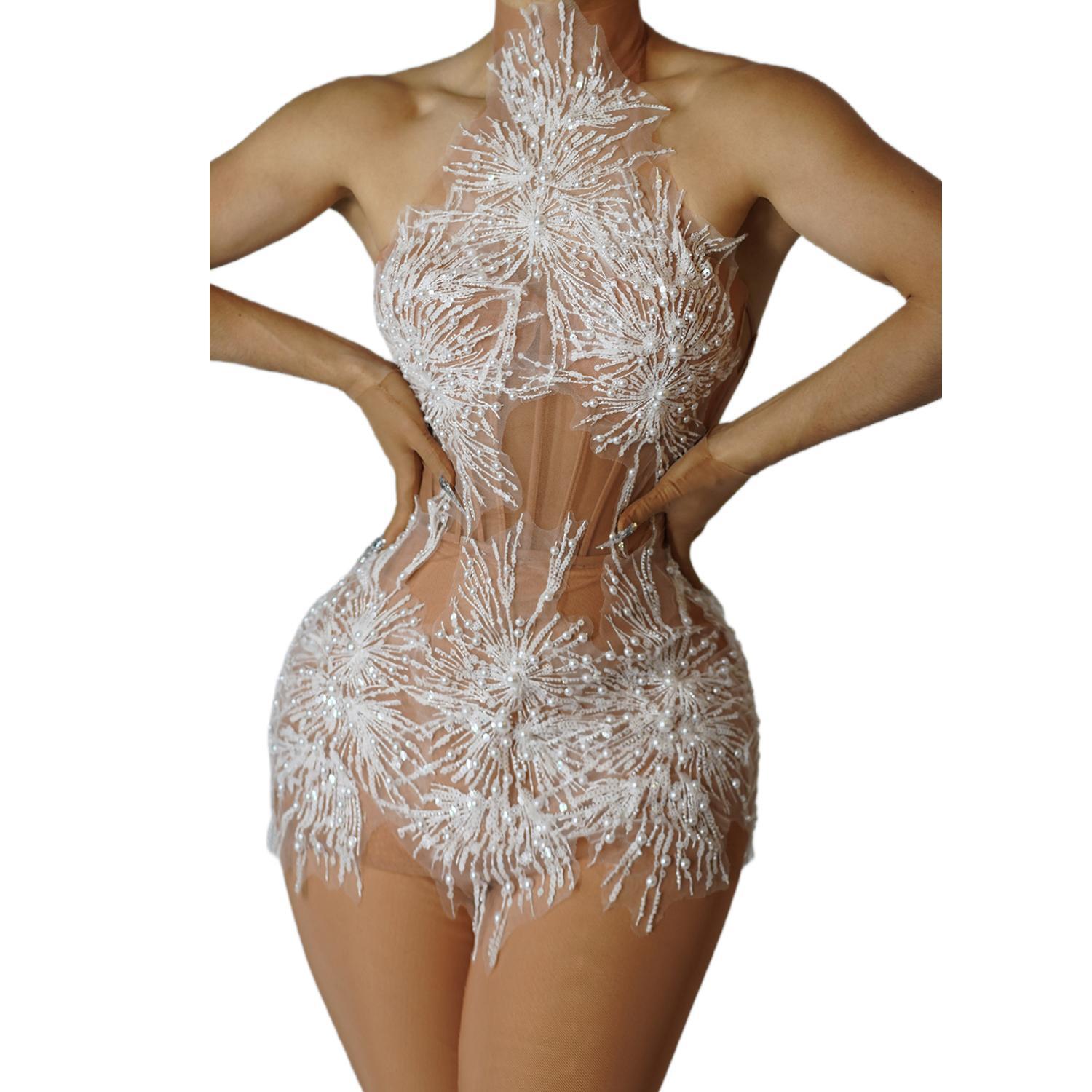 Woman Formal Wear - Strass brilhantes pérolas neve vestido curto