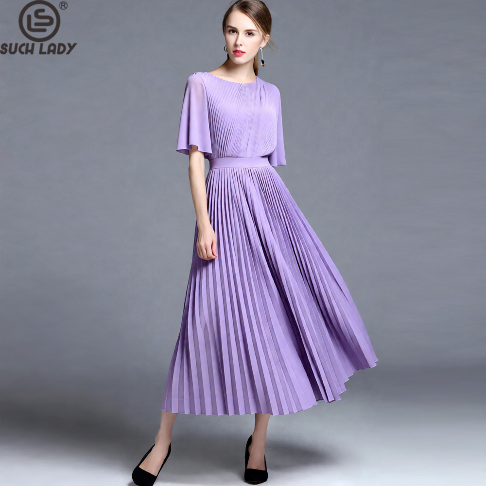Women'S Formal Wear For Wedding Guest - Vestido Midi Plissado Lilás com Manga