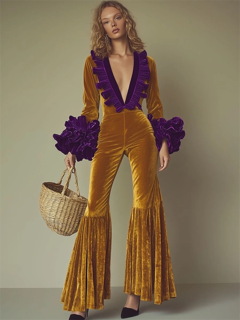 Women'S Formal Wear For Wedding Guest - Macacão Feminino de Veludo Amarelo e